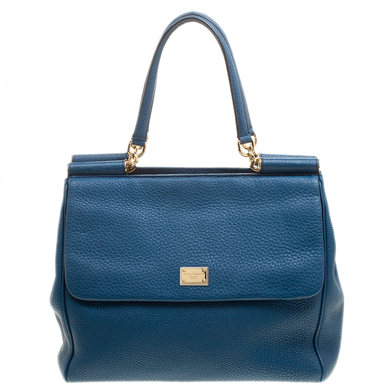 Pre Owned Dolce and Gabbana Teal Leather Large Double Handle Miss Sicily Tote