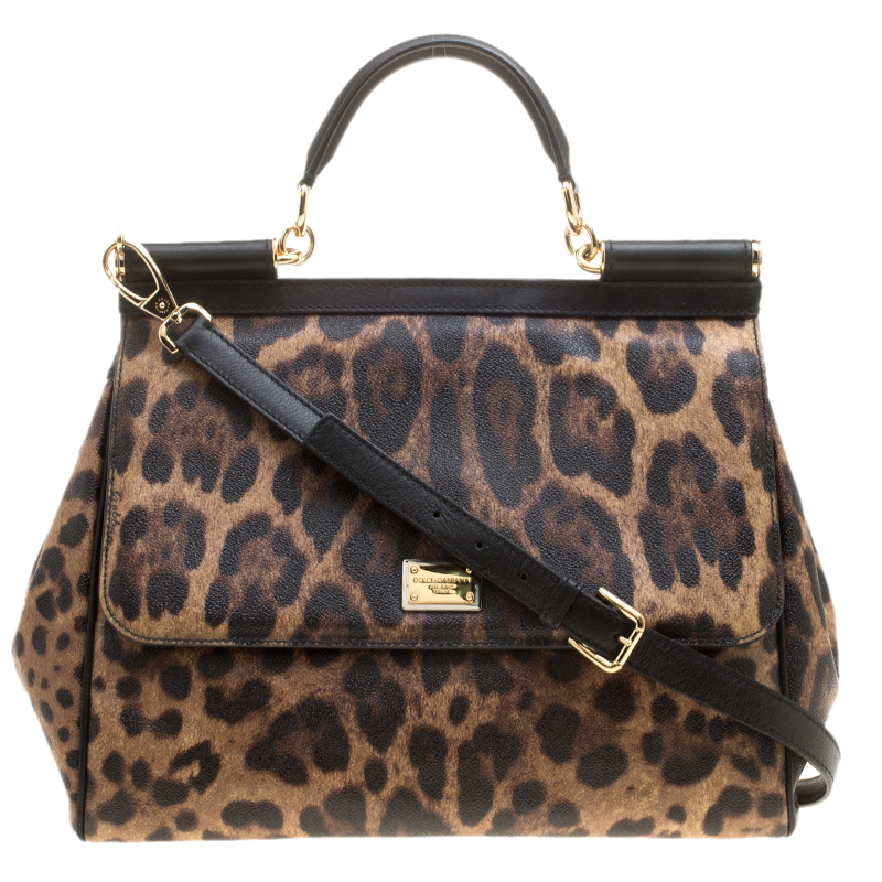 Pre Owned Dolce and Gabbana Leopard Print Coated Canvas Medium Miss Sicily Tote