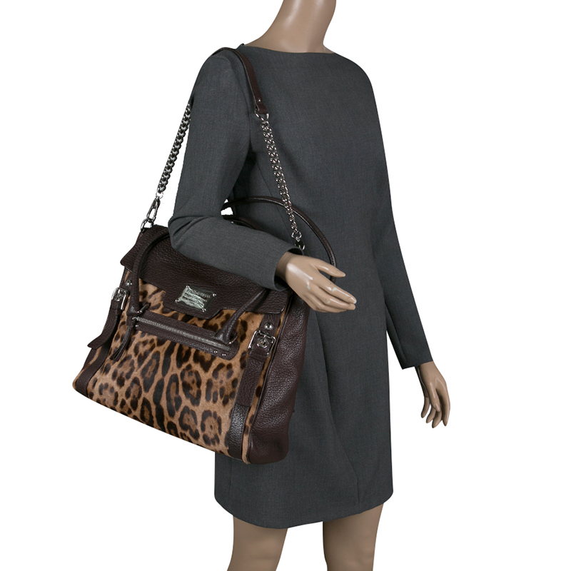 

Dolce & Gabbana Dark Brown Leopard Print Leather and Calf Hair Top Handle Bag