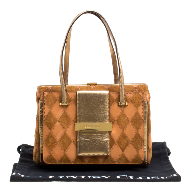 Pre-owned Dolce & Gabbana Peach/gold Quilted Stitch Leather And Suede Frame Bag In Brown
