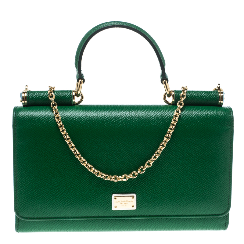 Dolce and Gabbana Green Leather Sicily Wallet on Chain 
