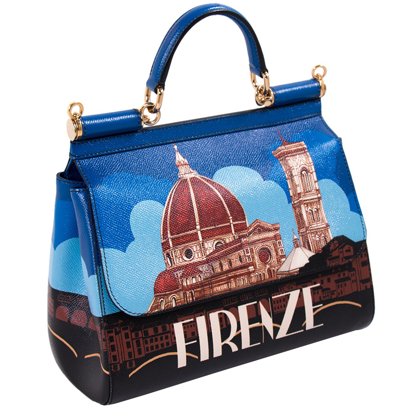 

Dolce and Gabbana Multicolor Printed Leather Sicily Firenze Top Handle Bag