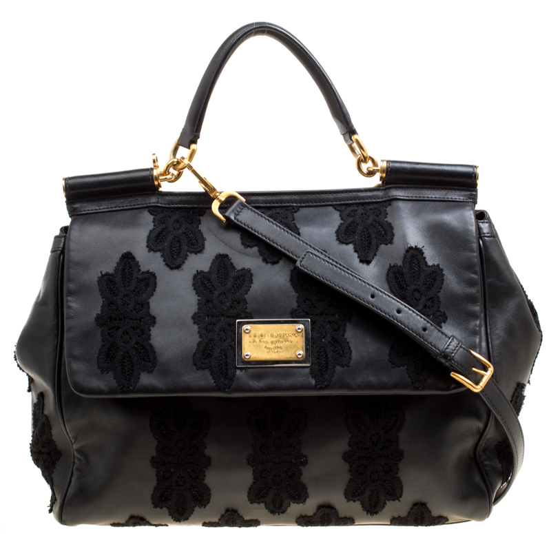 Pre Owned Dolce and Gabbana Black Leather and Lace Large Soft Miss Sicily Top Handle Bag