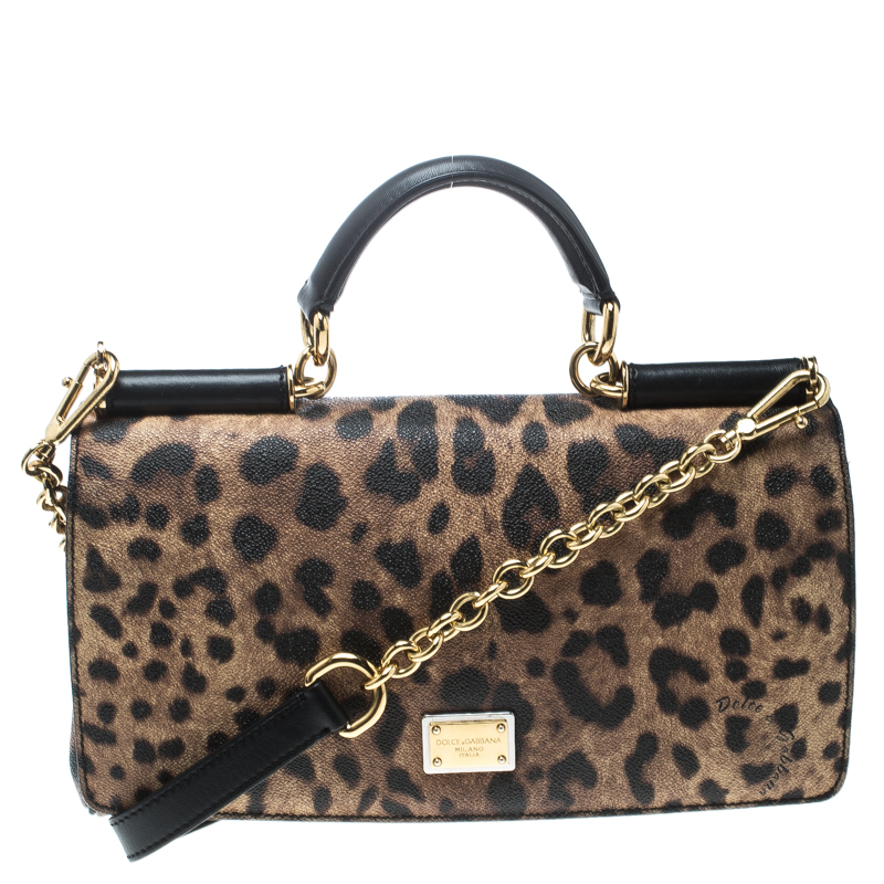Pre Owned Dolce and Gabbana Leopard Print Coated Canvas Miss Sicily Top Handle Bag