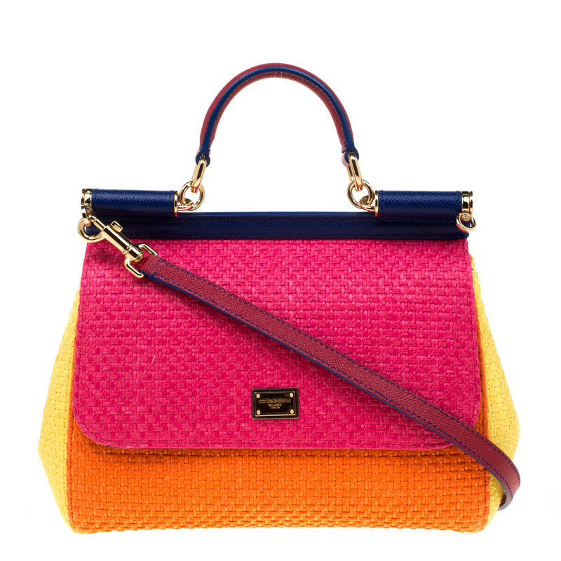 Pre Owned Dolce and Gabbana Multicolor Raffia and Leather Medium Miss Sicily Top Handle Bag