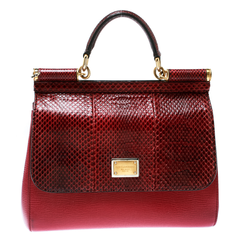 مملوكة مسبقًا Dolce and Gabbana Red Leather and Python Medium Miss Sicily Top Handle Bag
