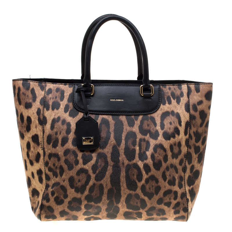 Dolce and Gabbana Black/Brown Leopard Print Leather Lucia Shopper Tote ...