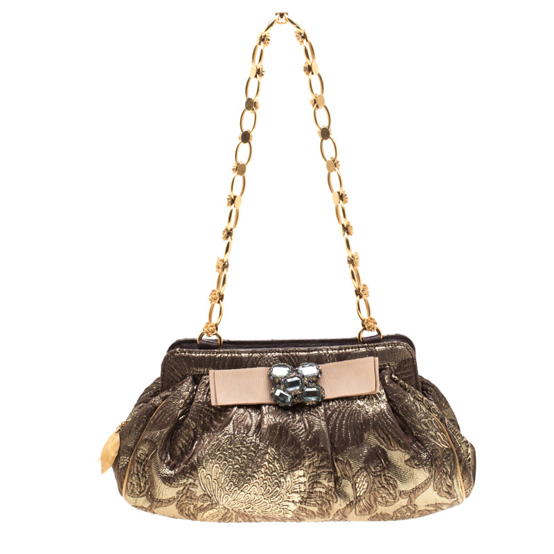 Pre Owned Dolce & Gabbana Metallic Khaki Jacquard Frame Clutch