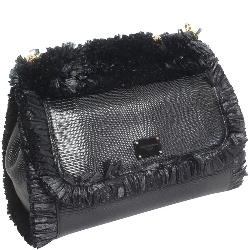 

Dolce and Gabbana Black Lizard Leather Siciliy  Fringes Tote