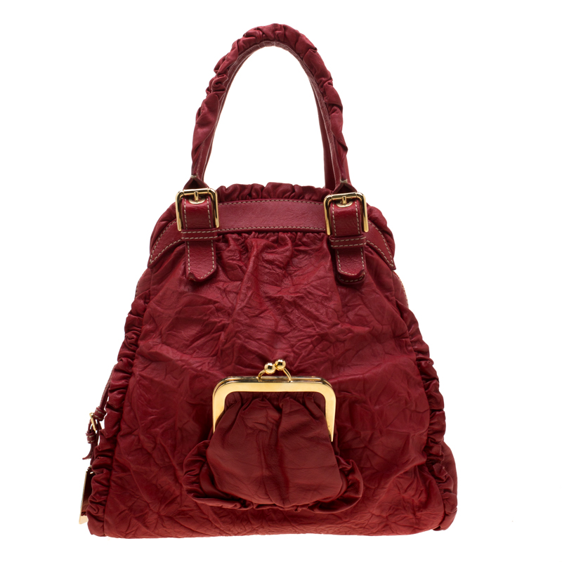 Pre Owned Dolce and Gabbana Red Ruffle Leather Miss Brooke Sacthel