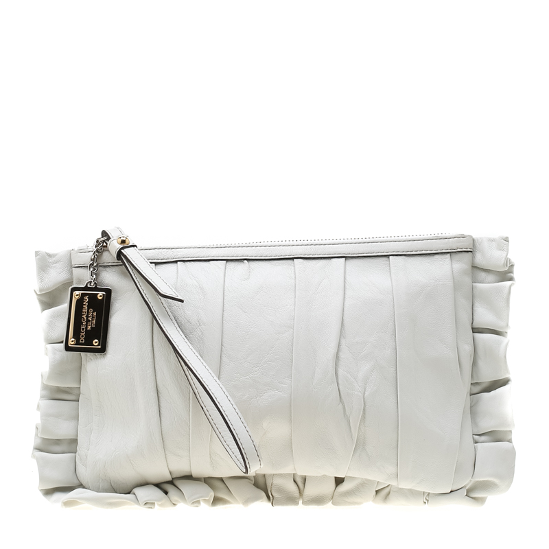 مملوكة مسبقًا Dolce and Gabbana White Pleated Leather Ruffle Wristlet Clutch