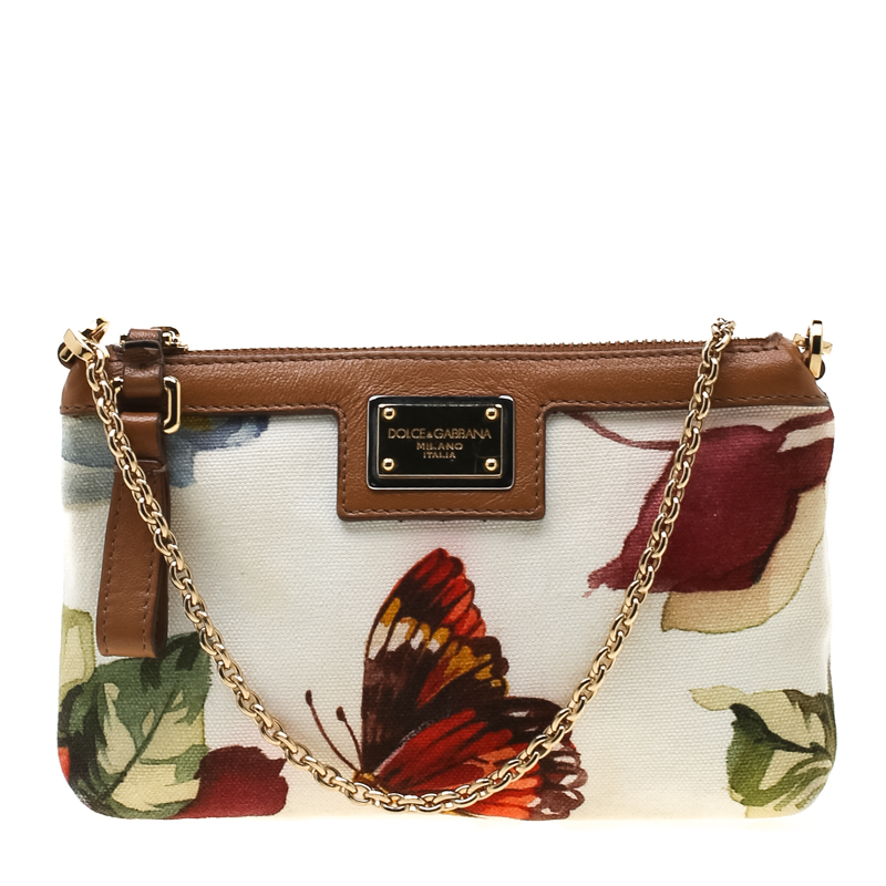 Pre Owned Dolce and Gabbana White Floral Print Canvas Chain Clutch