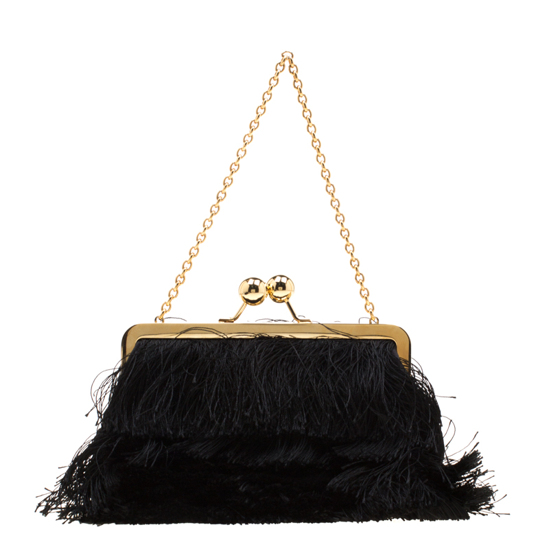Pre Owned Dolce and Gabbana Black Fabric and Satin Fringed Chain Clutch
