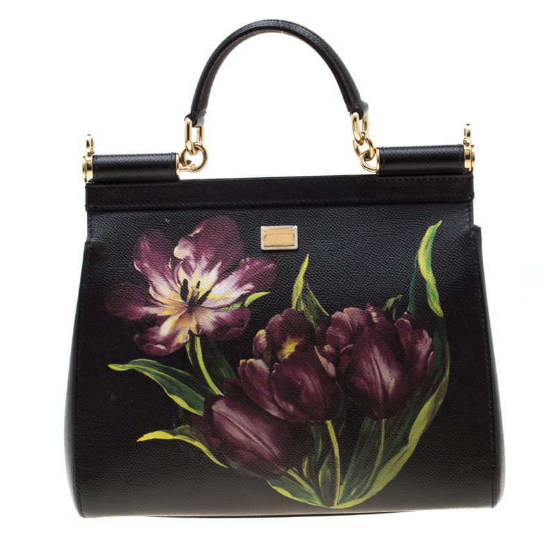 Pre Owned Dolce and Gabbana Black Multicolor Tulip Print Leather Medium Miss Sicily Top Handle Bag