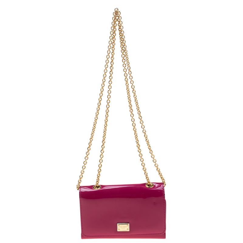 Pre Owned Dolce and Gabbana Dark Pink Patent Leather Wallet On Chain