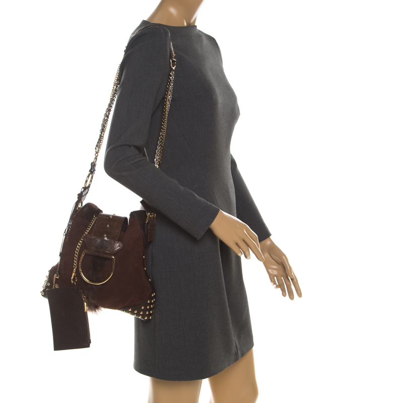

Dolce and Gabbana Brown Suede/Fur and Snakeskin Studded Crossbody Bag