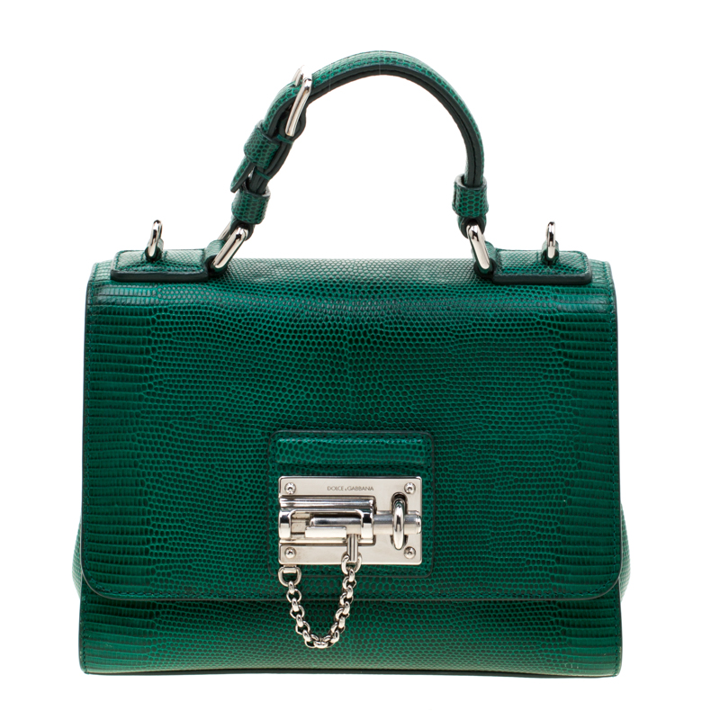 Dolce and Gabbana Green Lizard Embossed Leather Small Miss Monica Top Handle Bag