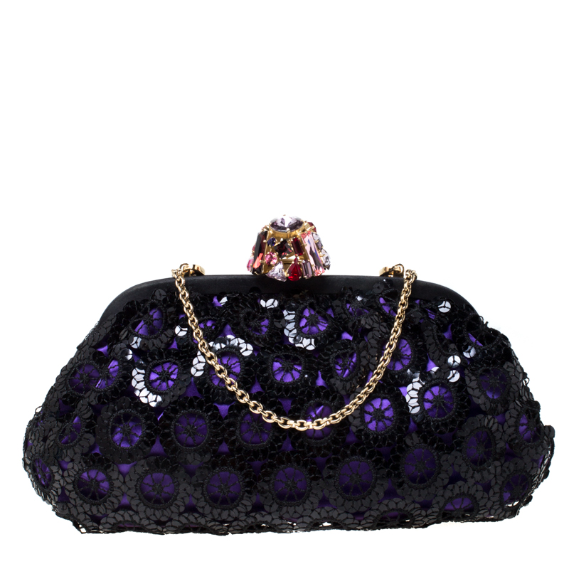 Dolce and Gabbana Black/Purple Sequin Embellished Satin Frame Chain Clutch