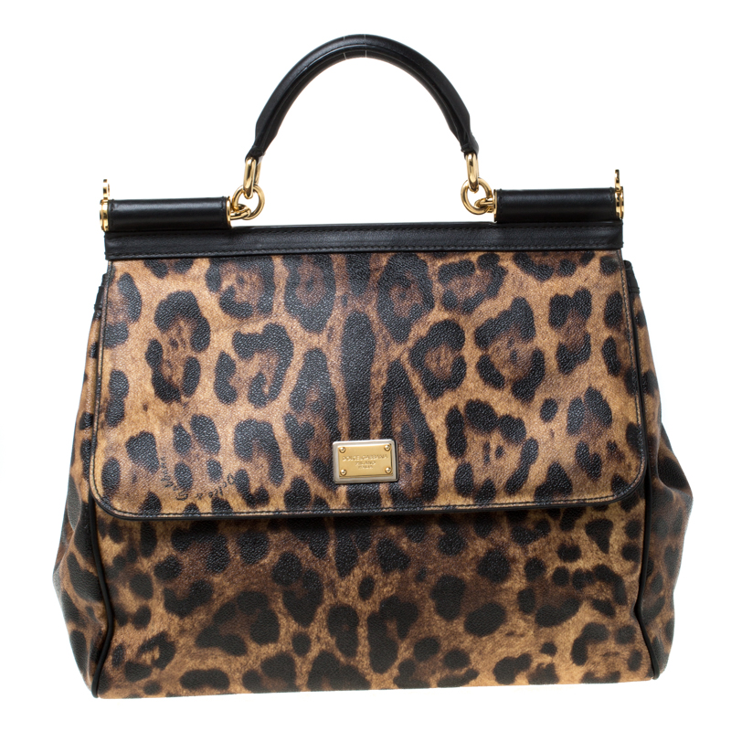 Pre Owned Dolce and Gabbana Brown Leopard Print Coated Canvas Large Miss Sicily Top Handle Bag