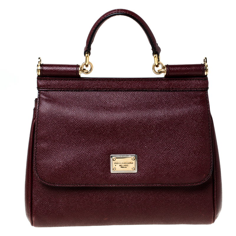 Dolce and Gabbana Burgundy Leather Medium Miss Sicily Top Handle Bag