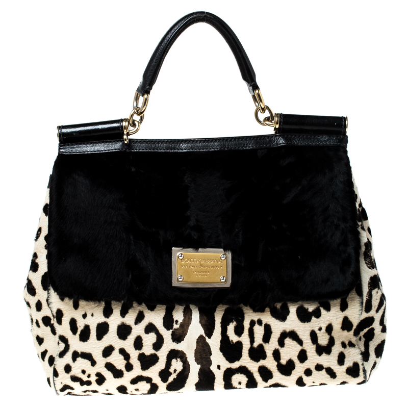 Pre Owned Dolce and Gabbana Black/White Leopard Print and Calf Hair Miss Sicily Top Handle Bag