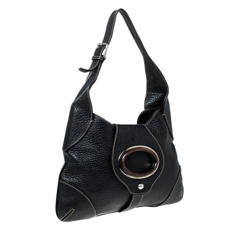 Pre-owned Dolce & Gabbana Black Pebbled Leather Ring Shoulder Bag