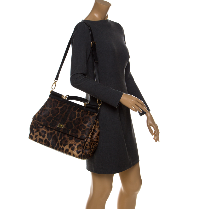 

Dolce and Gabbana Leopard Print Leather Large Miss Sicily Top Handle Bag, Brown
