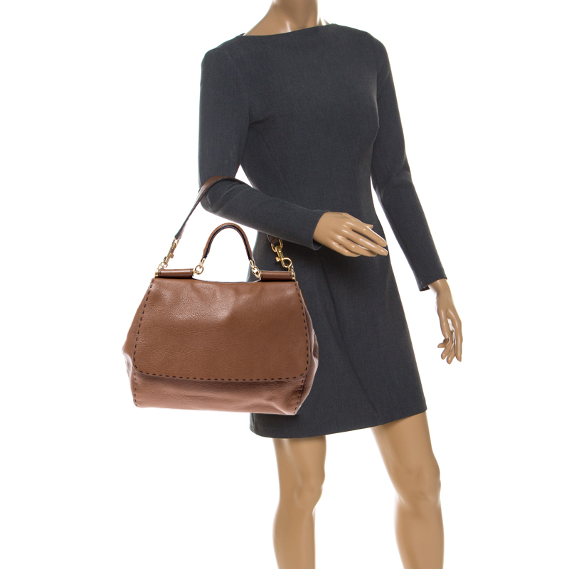 

Dolce and Gabbana Brown Leather Large Miss Sicily Top Handle Bag
