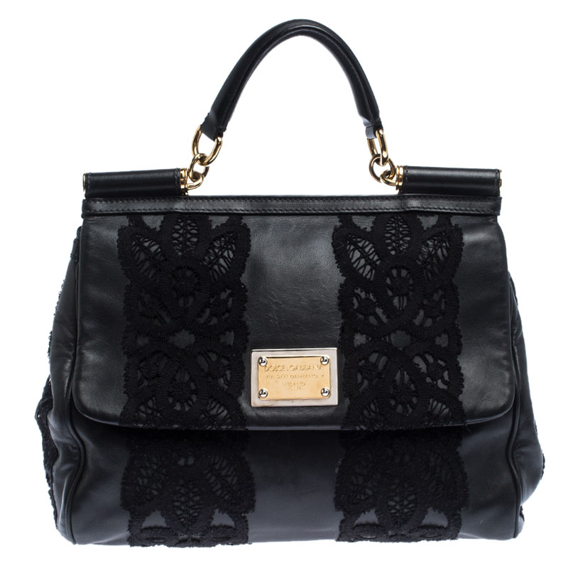 Pre Owned Dolce & Gabbana Black Leather and Lace Medium Soft Miss Sicily Top Handle Bag