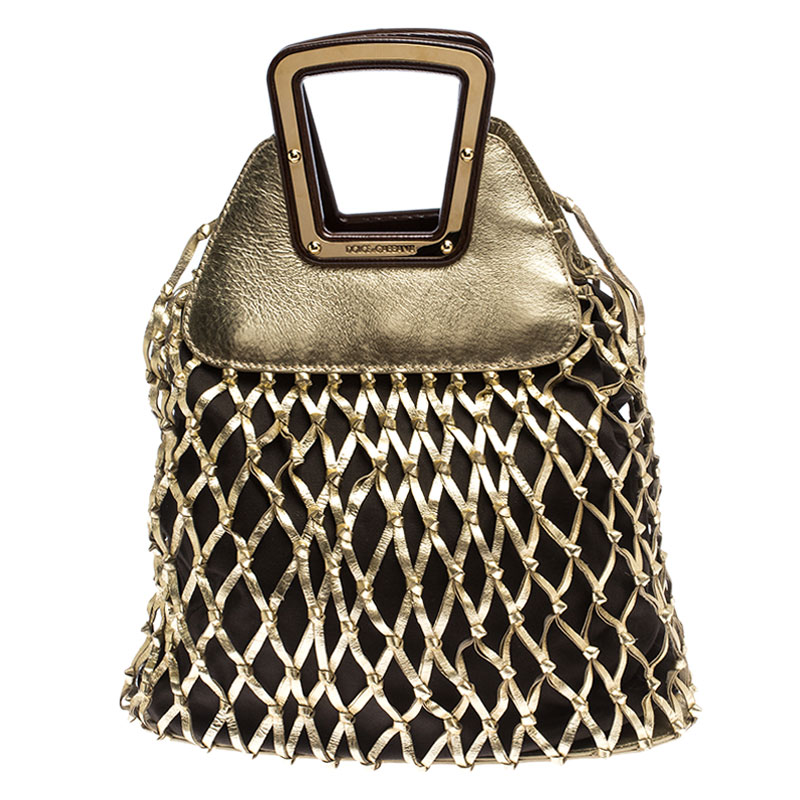 Pre Owned Dolce and Gabbana Gold Cage Leather and Canvas Cut Out Top Handle Bag