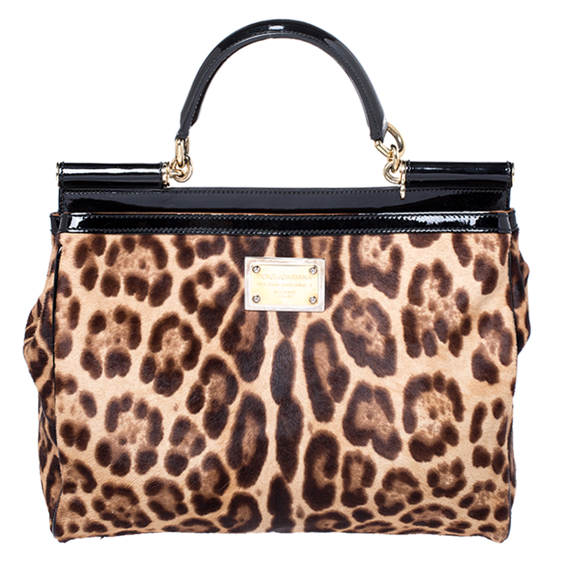 Pre Owned Dolce and Gabbana Brown/Black Leopard Print Calfhair and Patent Leather Miss Sicily Top Handle Bag