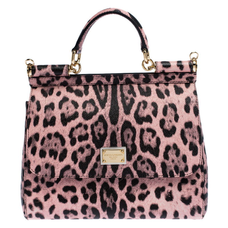 Dolce and Gabbana Pink Leopard Print Leather Medium Miss Sicily Top Handle Bag