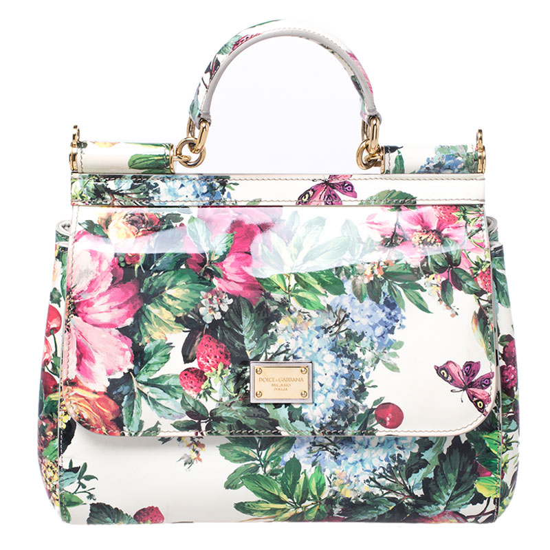 Dolce and Gabbana Multicolor Floral Print Patent Leather Medium Miss Sicily Top Handle Bag