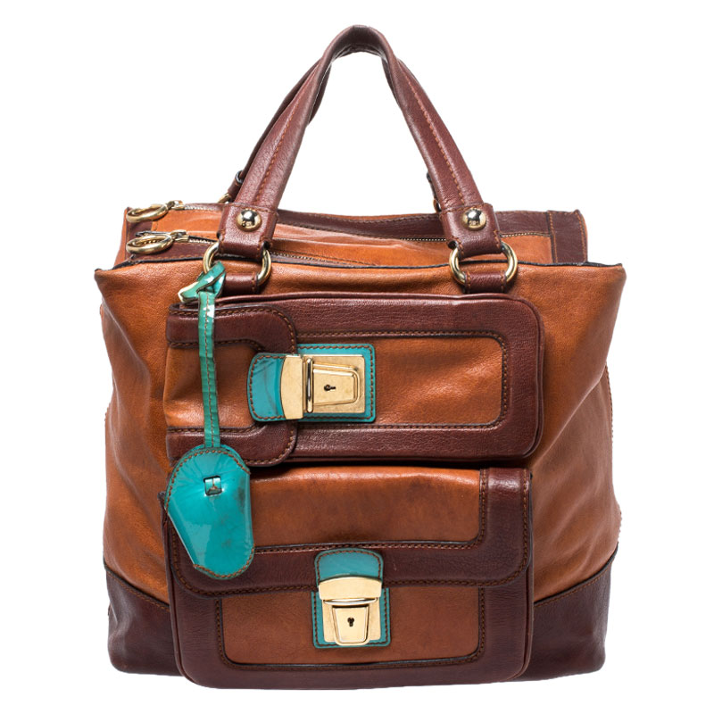 Pre-owned Dolce & Gabbana Brown/turquoise Leather Push Lock Satchel