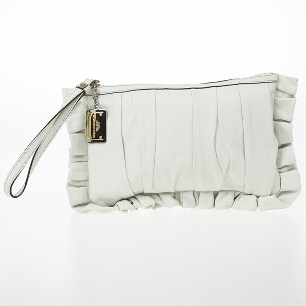 Pre Owned Dolce and Gabbana White Pleated Leather Ruffle Zip Clutch