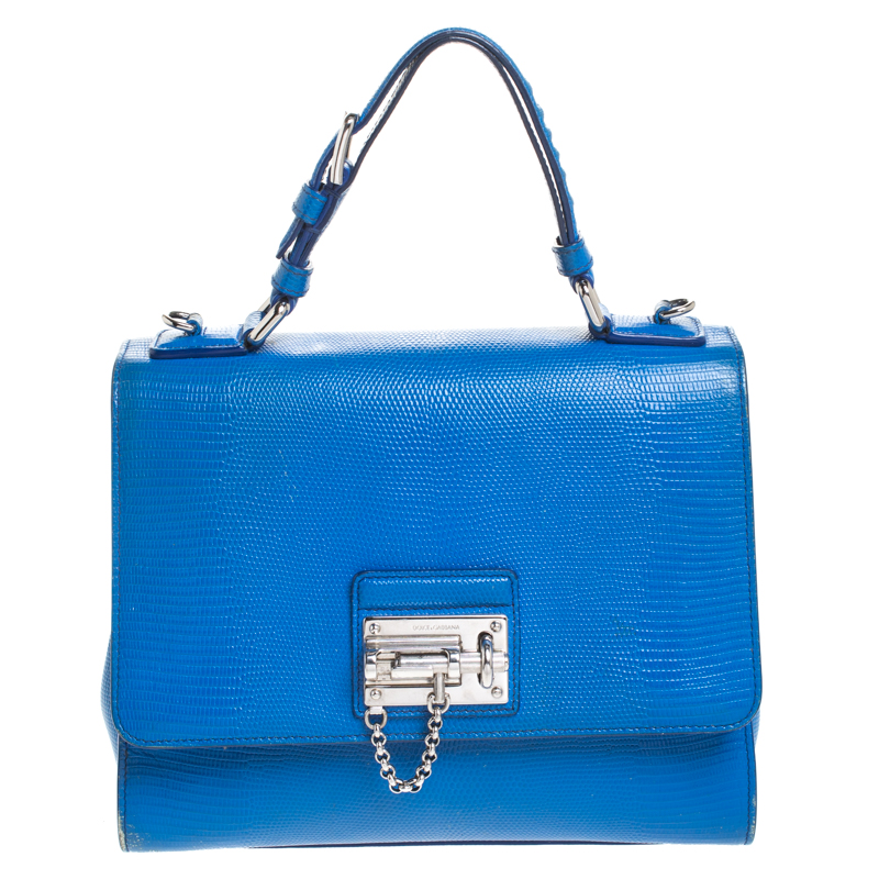 Pre-owned Dolce & Gabbana Blue Lizard Embossed Leather Medium Miss Monica Top Handle Bag