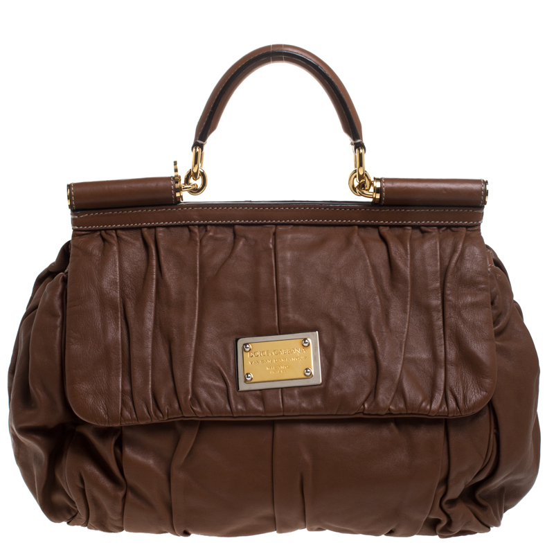 مملوكة مسبقًا Dolce & Gabbana Brown Pleated Leather Large Miss Sicily Top Handle Bag