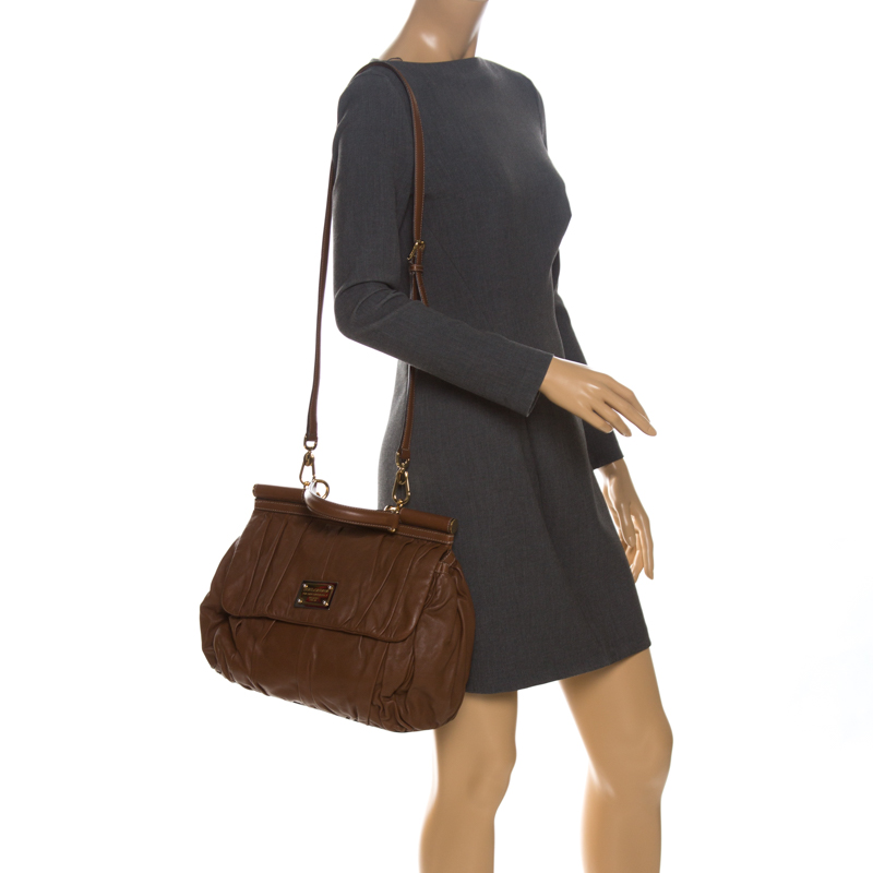 

Dolce & Gabbana Brown Pleated Leather  Miss Sicily Top Handle Bag