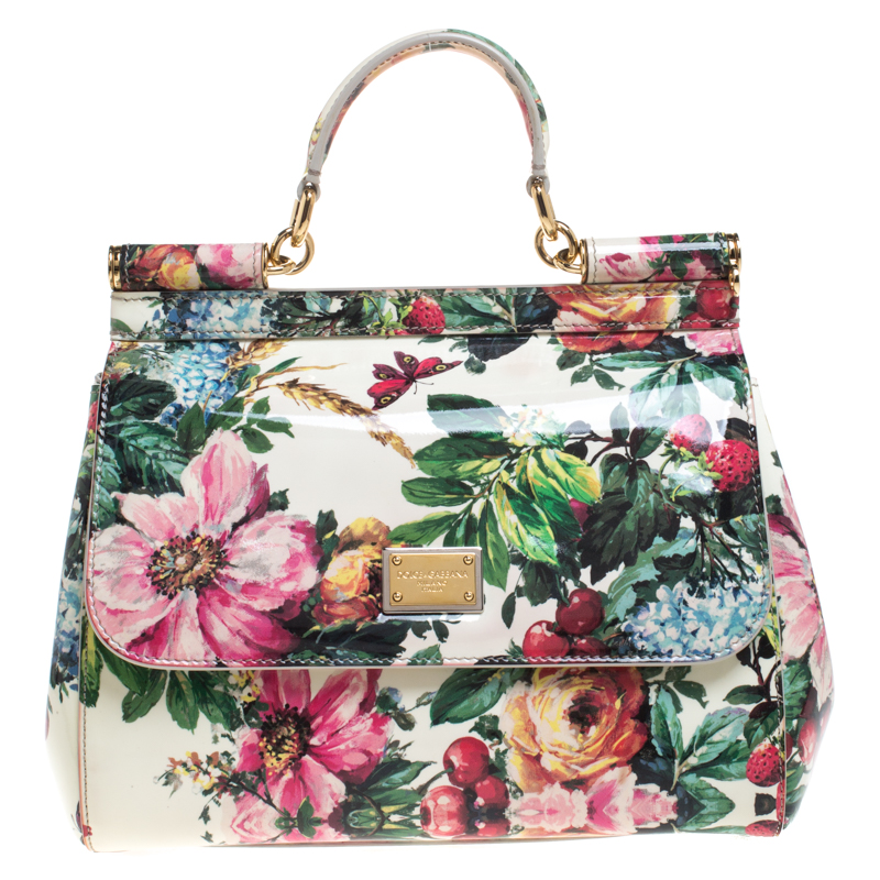 Pre-owned Dolce & Gabbana Multicolor Floral Print Patent Leather Medium Miss Sicily Top Handle Bag