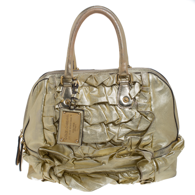 Pre-owned Dolce & Gabbana Metallic Gold Pleated Leather Satchel