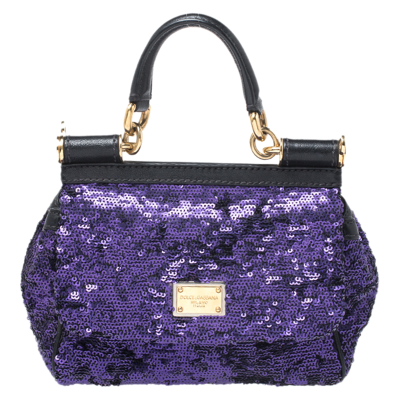 Pre-owned Dolce & Gabbana Purple/black Sequin And Leather Small Miss Sicily Top Handle Bag