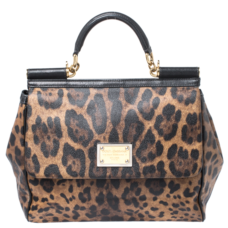 Pre Owned حقيبة دولتشي أند غابانا ميس سيسيلي كبيرة يد علوية كانفاس مقوى مطبوع نقشة الفهد و جلد