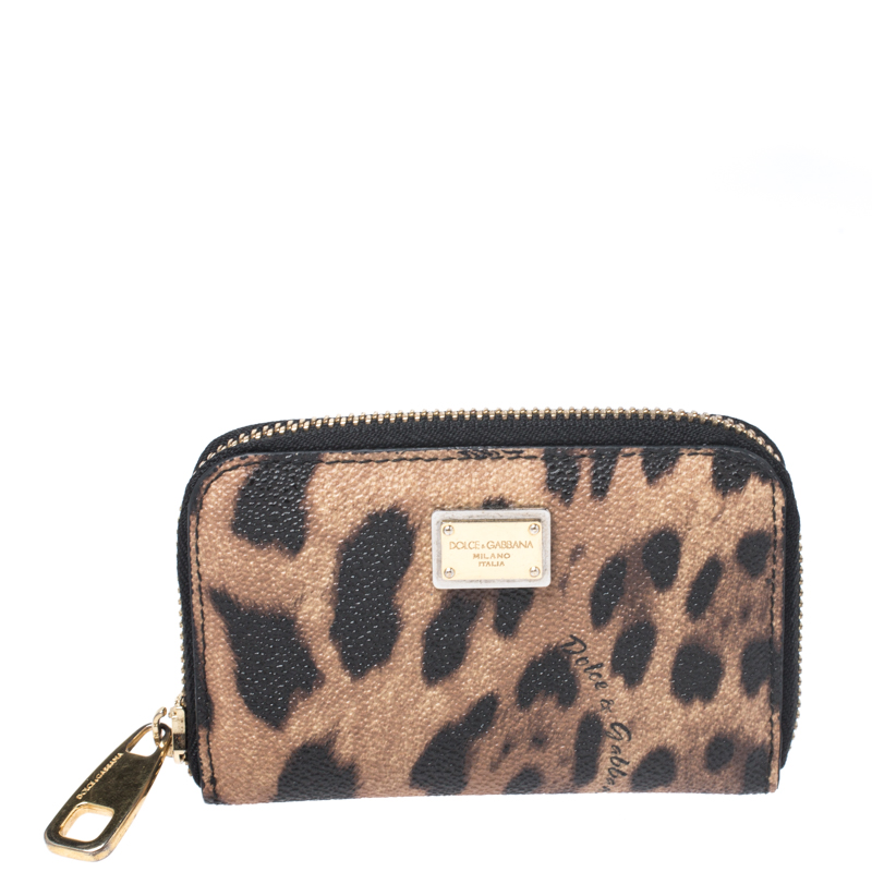 Pre-owned Dolce & Gabbana Brown/black Leopard Print Coated Canvas Zip Around Coin Purse