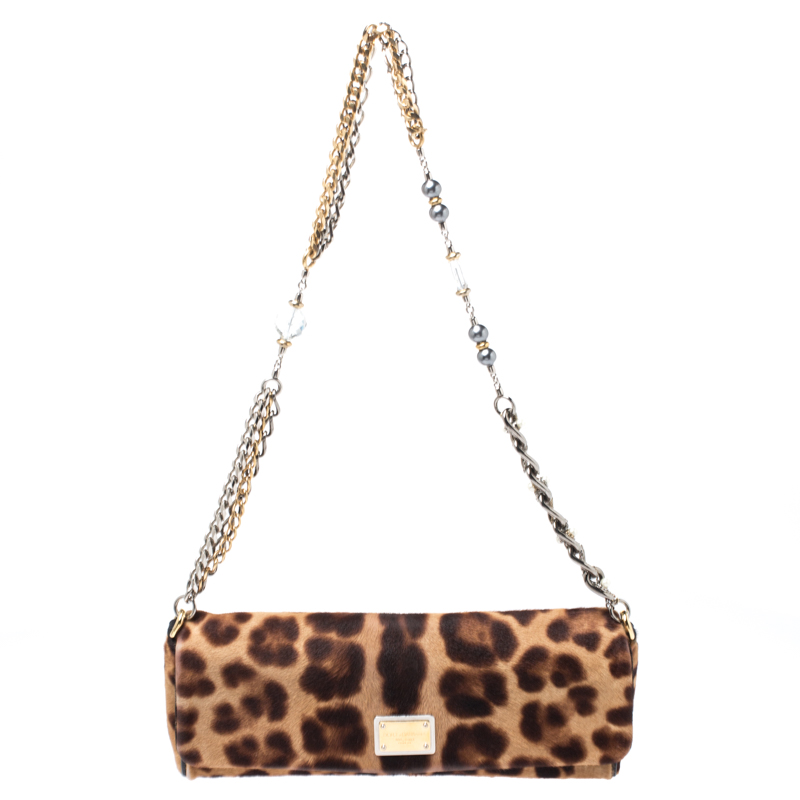 Pre-owned Dolce & Gabbana Brown Leopard Print Calfhair Small Charles Shoulder Bag