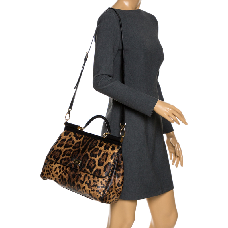 

Dolce & Gabbana Brown Leopard Print Coated Canvas Large Miss Sicily Top Handle Bag