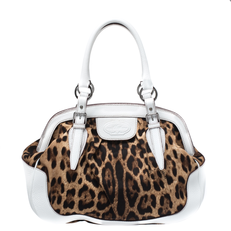 Pre-owned Dolce & Gabbana White/brown Leopard Print Canvas And Leather Frame Satchel