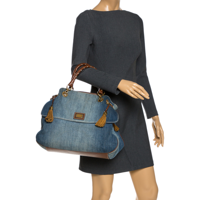 

Dolce & Gabbana Blue Denim and Leather Studded Handle Chain Tote