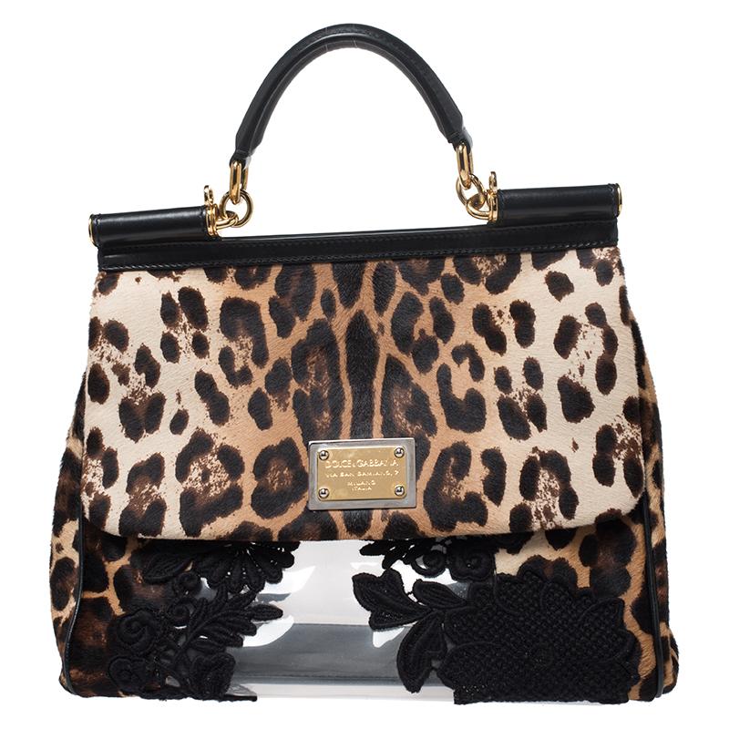 Pre-owned Dolce & Gabbana Black/brown Leopard Print Calfhair And Lace Transparent Large Miss Sicily Top Handle Bag With Pouch