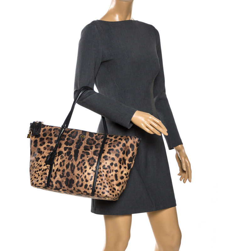 

Dolce & Gabbana Beige/Black Leopard Print Coated Canvas and Leather Miss Escape Tote
