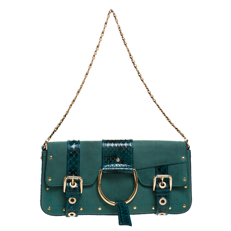 Pre-owned Dolce & Gabbana Green Suede And Python Buckle Chain Shoulder Bag